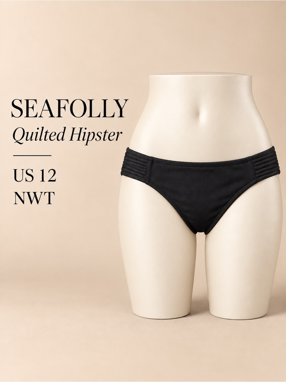 NWT Seafolly Quilted Hipster Black Bikini Bottom US 12